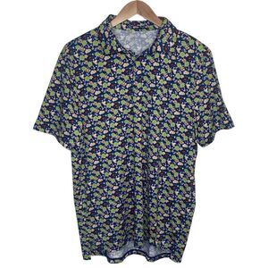 1764 Mens XL Performance Golf Polo Shirt Stretch Palm Tree Crab Fish Blue Green